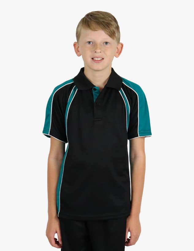 A child is wearing a black polo shirt with teal accents and a logo. The shirt has a classic collar and short sleeves.
