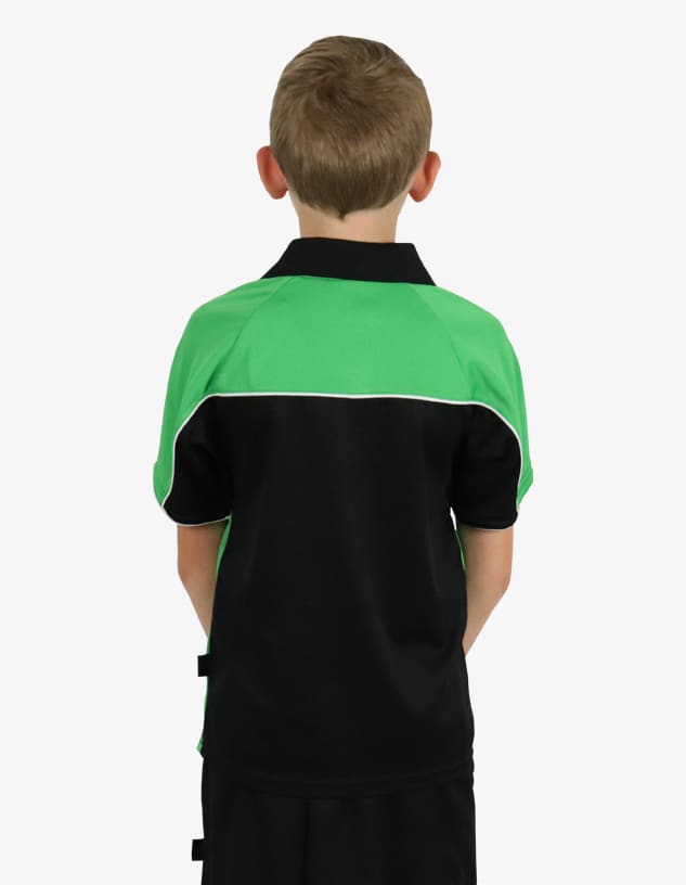 A black and green polo shirt, viewed from the back, featuring a logo on the collar area.