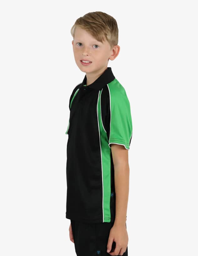 A child wearing a black and green polo shirt with a logo, featuring short sleeves and contrasting details.