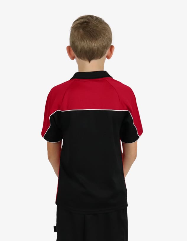A polo shirt featuring a red and black design, with a logo on the back. Suitable for various activities.