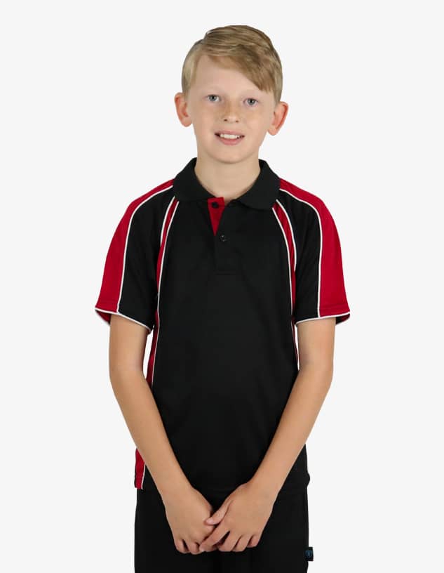 A black polo shirt with red accents and a logo, featuring a collar and short sleeves.