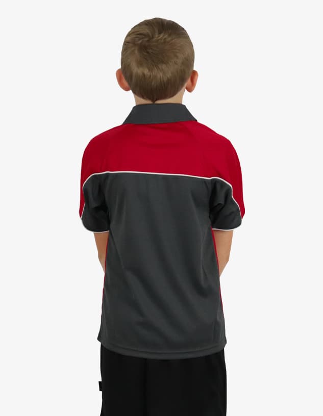 A polo shirt featuring a red and grey design, displayed from the back, with a logo on the upper section.