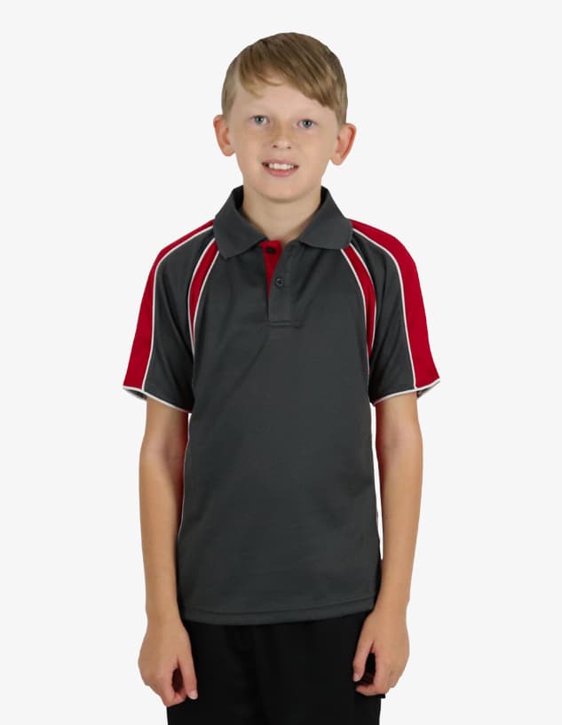 A grey polo shirt with red accents, featuring a collar and short sleeves, displayed on a child.