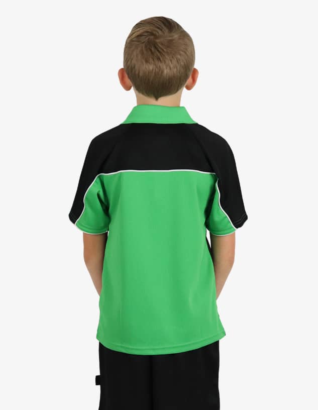 A green and black polo shirt with a logo, displayed from the back on a child model.