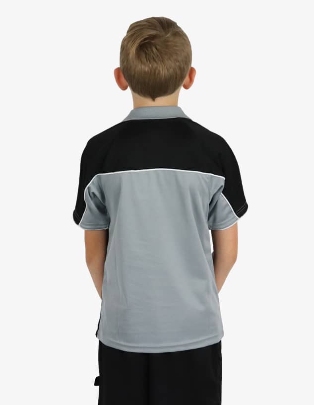 A back view of a polo shirt, featuring a grey body with black sleeves and a contrasting design.