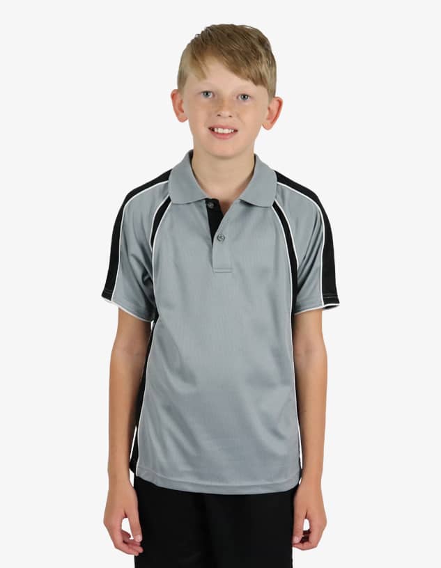 A youth wearing a grey polo shirt with black accents, featuring a logo on the chest area.