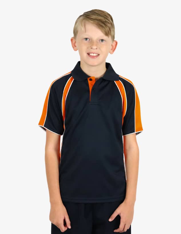 A black polo shirt with orange accents, featuring a collar and a logo. Suitable for casual wear.