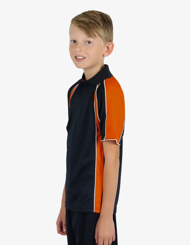 A polo shirt featuring a black base with orange and white accents. It has a collar and short sleeves.