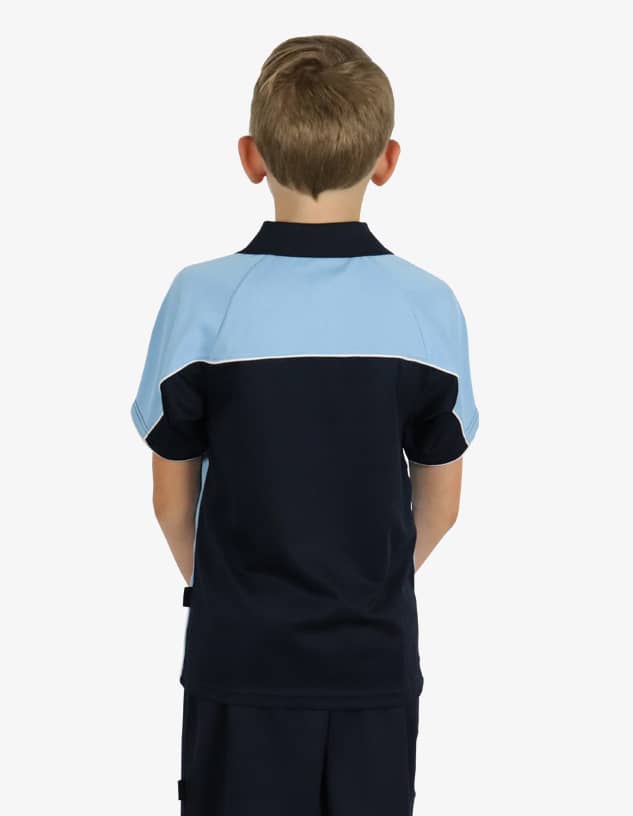 A boy wearing a navy and light blue polo shirt, viewed from the back, featuring a logo on the collar.