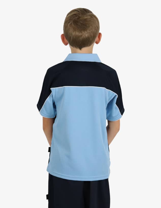 A polo shirt featuring a light blue body and black shoulder accents, with a logo on the back.