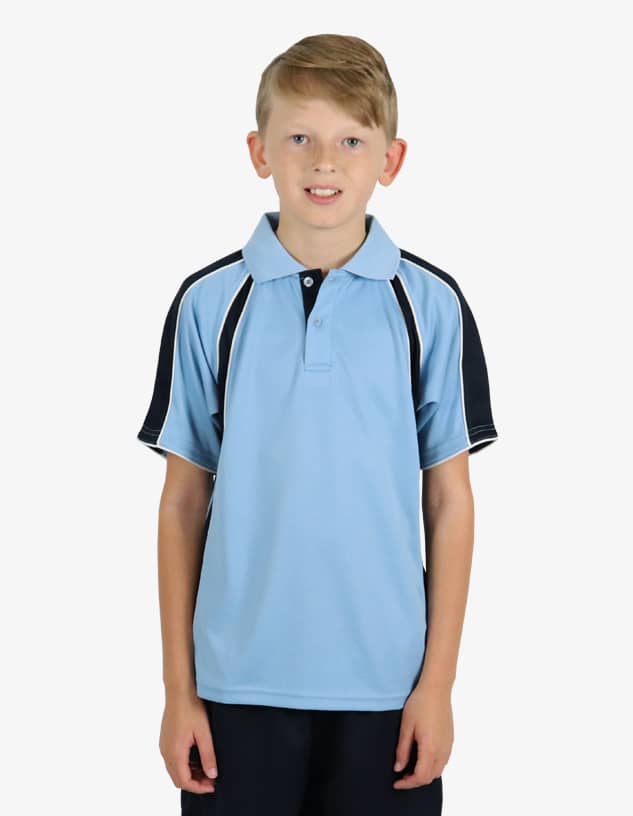 A light blue polo shirt with dark blue sleeves and contrasting stripes, featuring a collar and a logo.