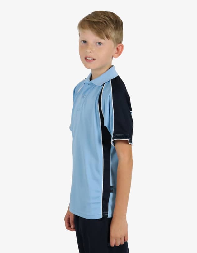 A light blue polo shirt with black sleeves and a logo. It features a classic collar and a sporty design.