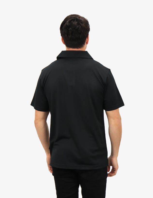 A black polo shirt with a simple design and a back view of a person wearing it. It includes a logo.