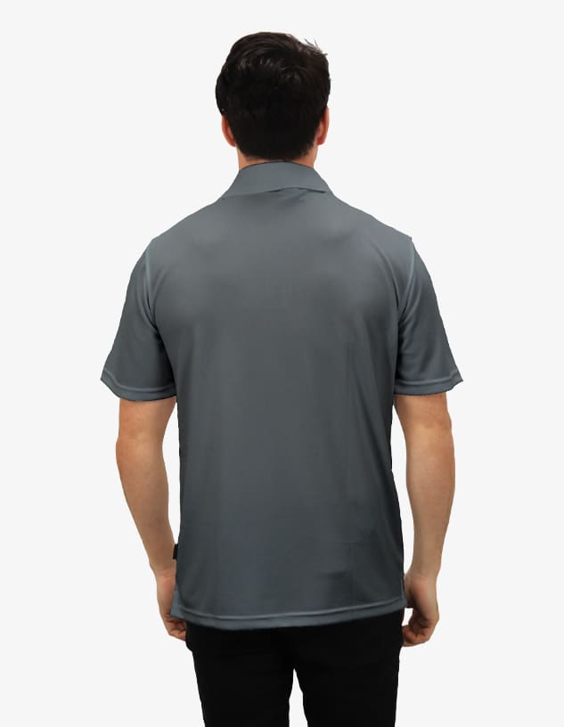 A polo shirt in a dark grey colour, featuring a collar and short sleeves, with a logo on the back.