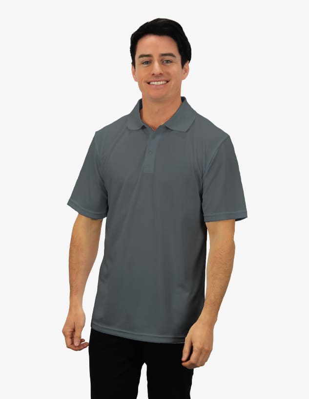 A man in a grey polo shirt with a simple design and a logo on the chest area.