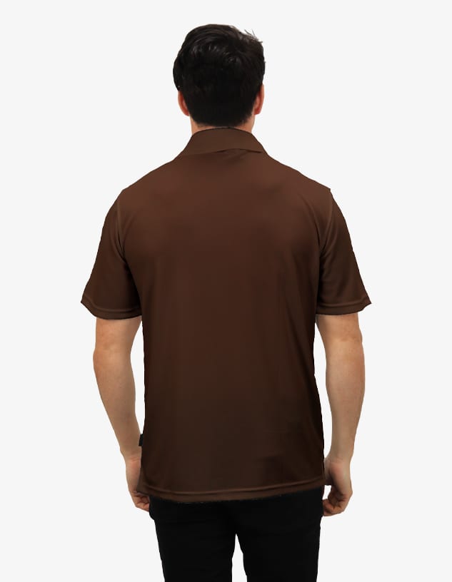 A brown polo shirt with short sleeves, featuring a collar and a logo on the back.