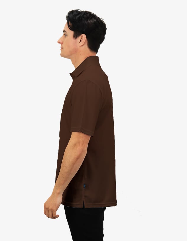 A brown polo shirt displayed on a model from the side, featuring a logo on the hem.
