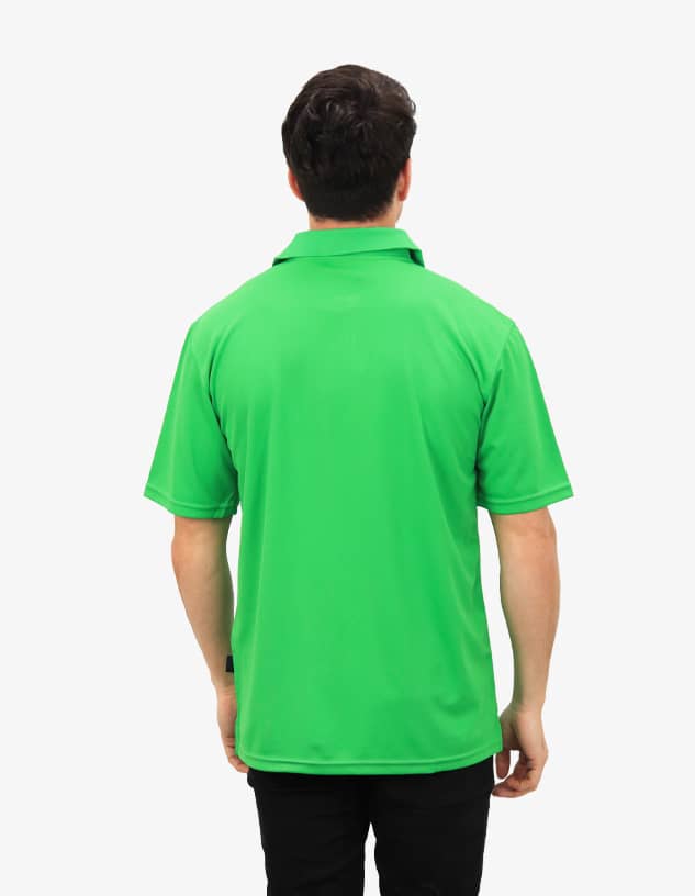 A bright green polo shirt featuring a logo on the back, displayed on a model.