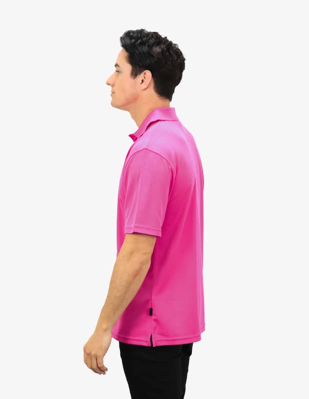 A pink polo shirt with short sleeves, featuring a branding logo. Suitable for casual wear.