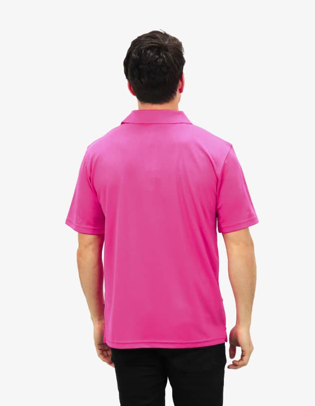 A pink polo shirt with a collar, featuring a logo on the back. The shirt is displayed on a person from behind.