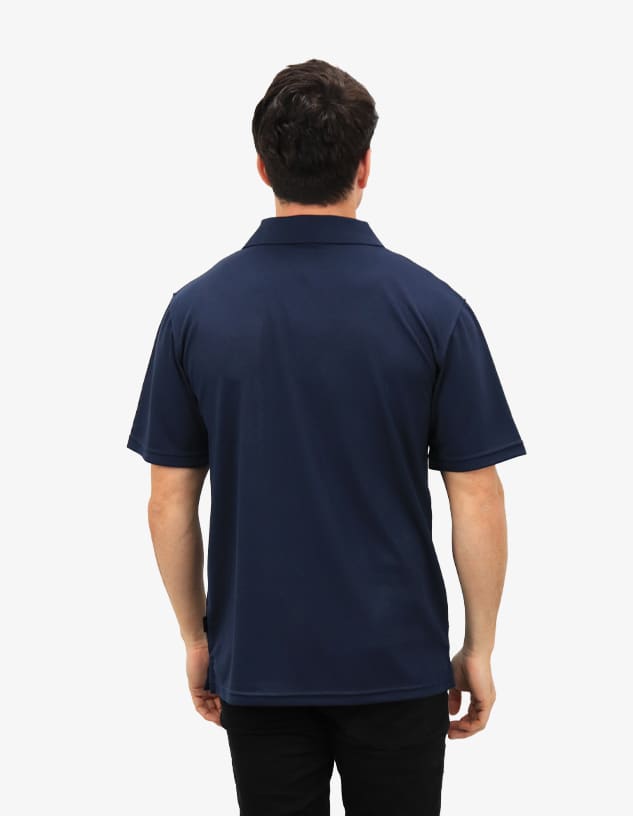 A navy polo shirt featuring a back view. The shirt has a collar and is plain in design with a logo.