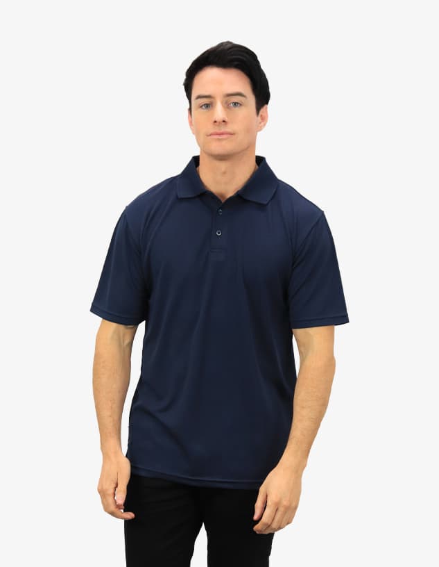 A navy polo shirt displayed on a model, featuring a classic collar and short sleeves. The shirt has a logo.