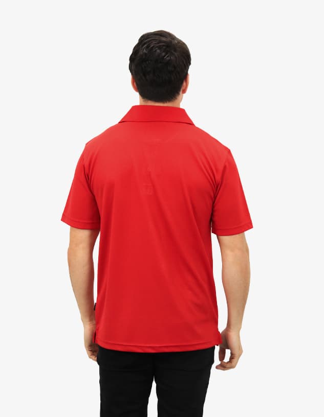 A red polo shirt, featuring a logo, displayed from the back on a model.