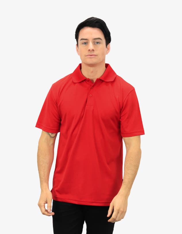 A red polo shirt worn by a model standing against a plain background. The shirt features a collar and has a logo.