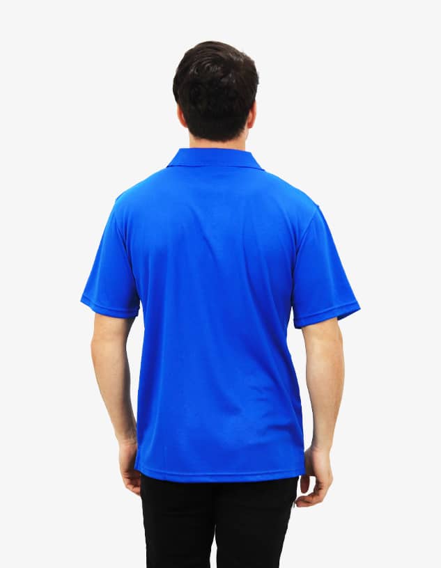 A blue polo shirt viewed from the back, featuring a logo on the collar.