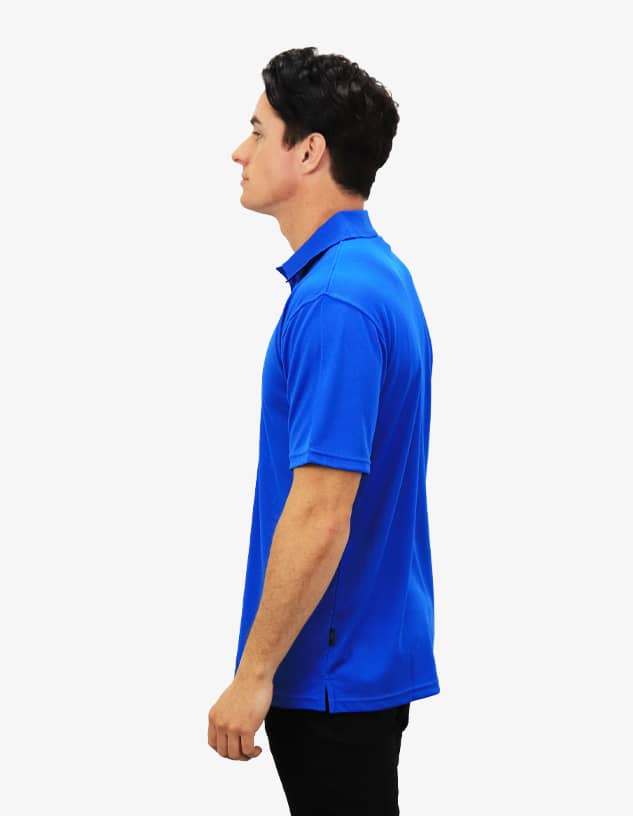 A blue polo shirt displayed on a model from the side, featuring a logo on the fabric.