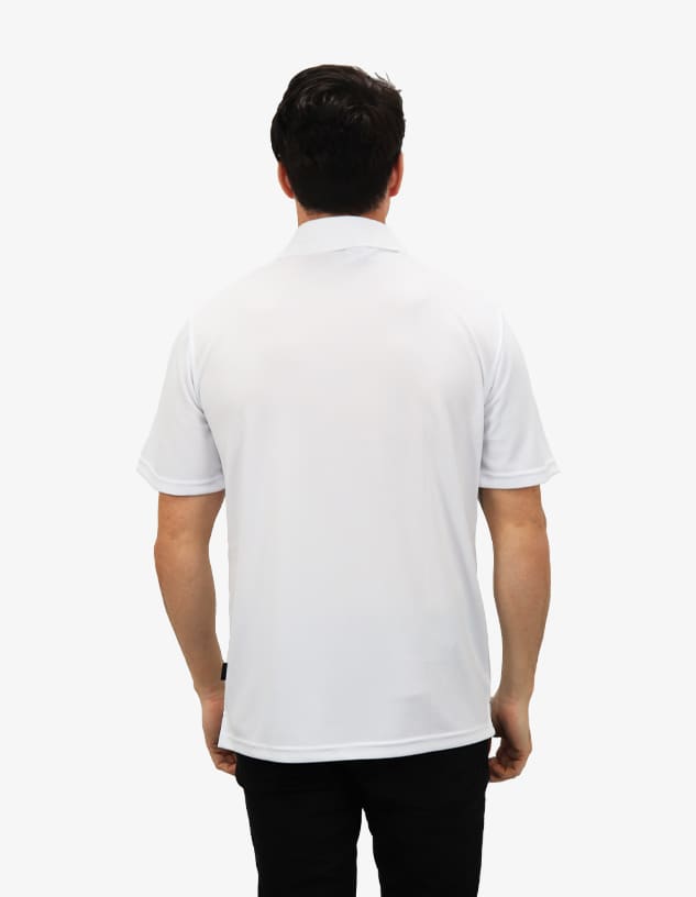 A white polo shirt with short sleeves, featuring a collar and a logo on the back.
