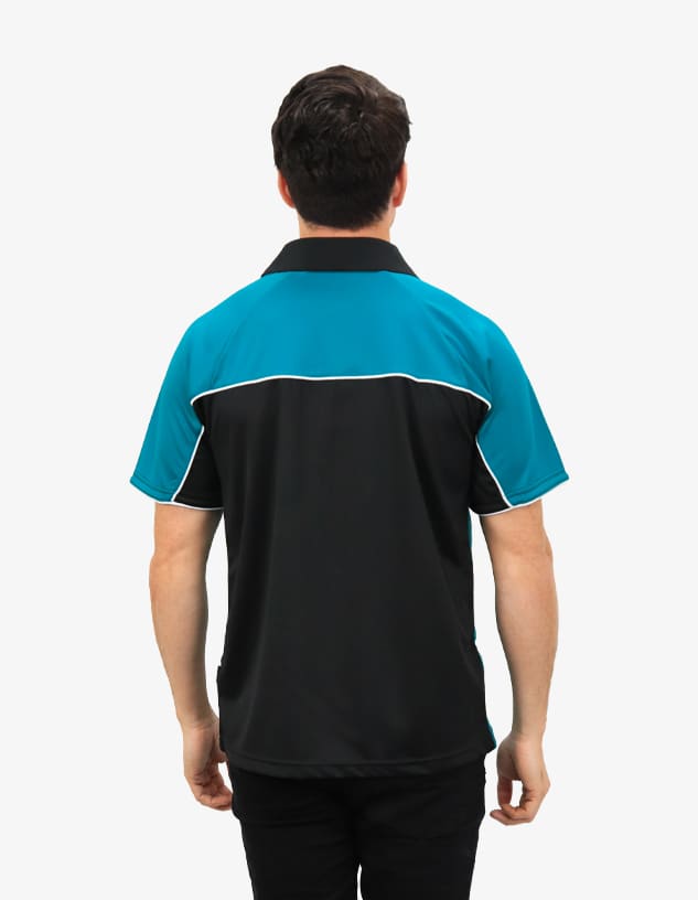 A polo shirt featuring a black body with a turquoise collar and sleeve accents, and a branding logo on the back.