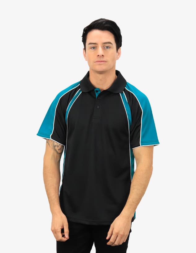 A black polo shirt with teal accents and a logo on the chest. Suitable for casual wear.