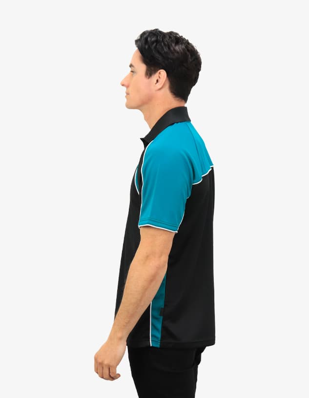 A polo shirt in black and teal with contrasting white piping and a logo. It features a classic collar and a modern fit.