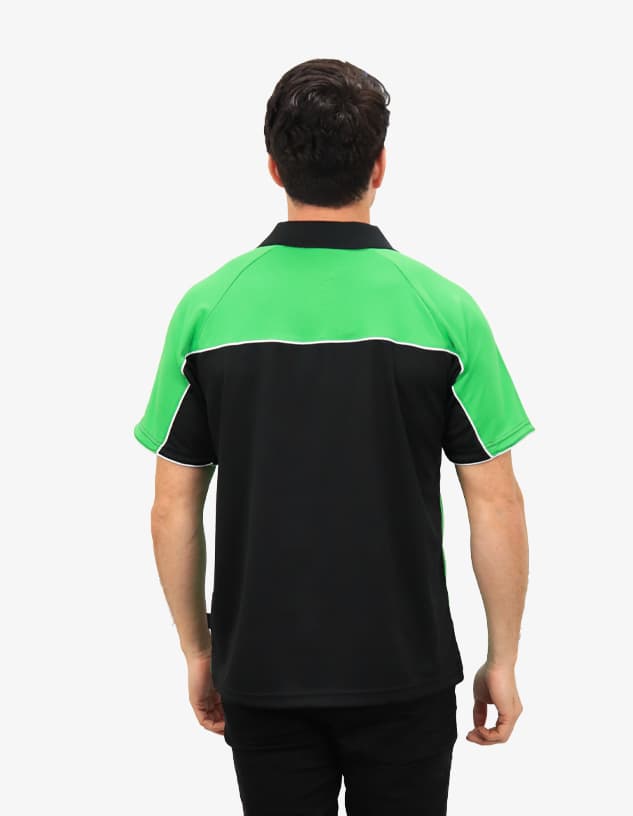 A polo shirt featuring a black base with bright green accents and piping. It includes a logo on the chest.