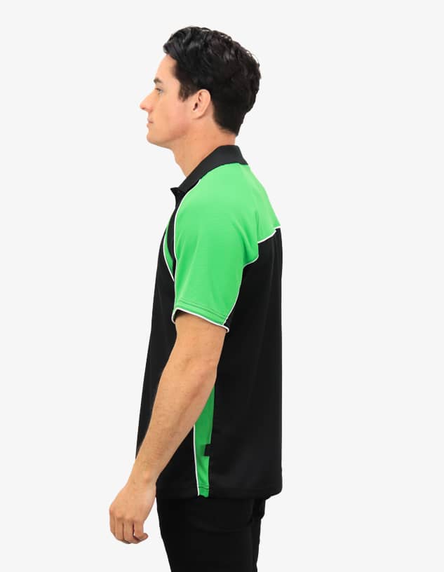 A polo shirt featuring a black base with green accents and a logo. It has a collar and short sleeves.