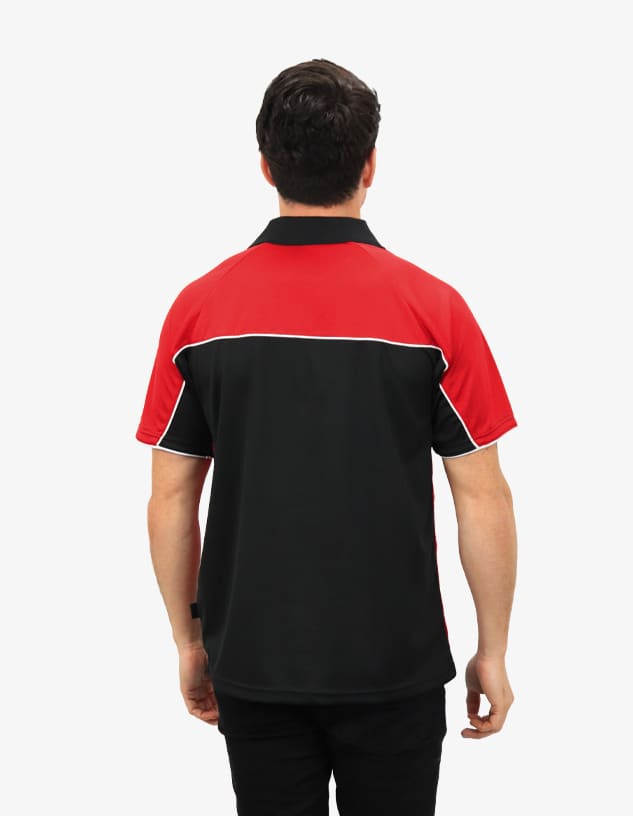 A back view of a polo shirt featuring red and black colours with a contrasting white trim and branding.