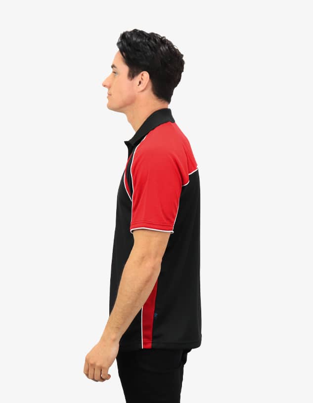 A black and red polo shirt with a logo, featuring contrast detailing along the seams.