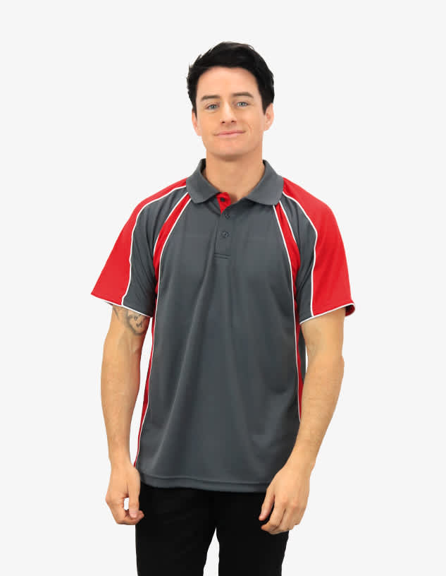 A polo shirt in grey with red accents and a logo, designed for a sporty look.