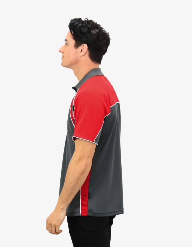A polo shirt in grey with red accents, featuring a logo on the front.
