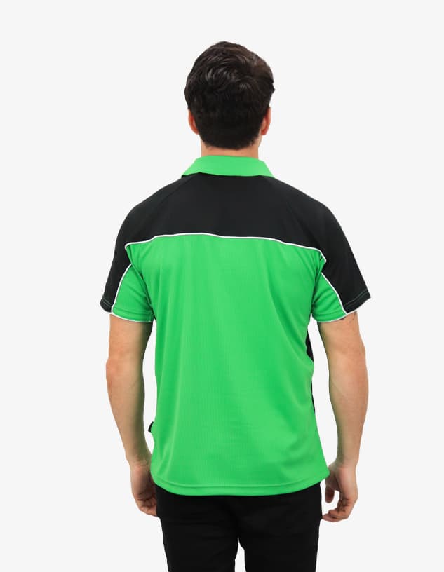 A polo shirt featuring a black and bright green design with contrasting details and a logo on the front.
