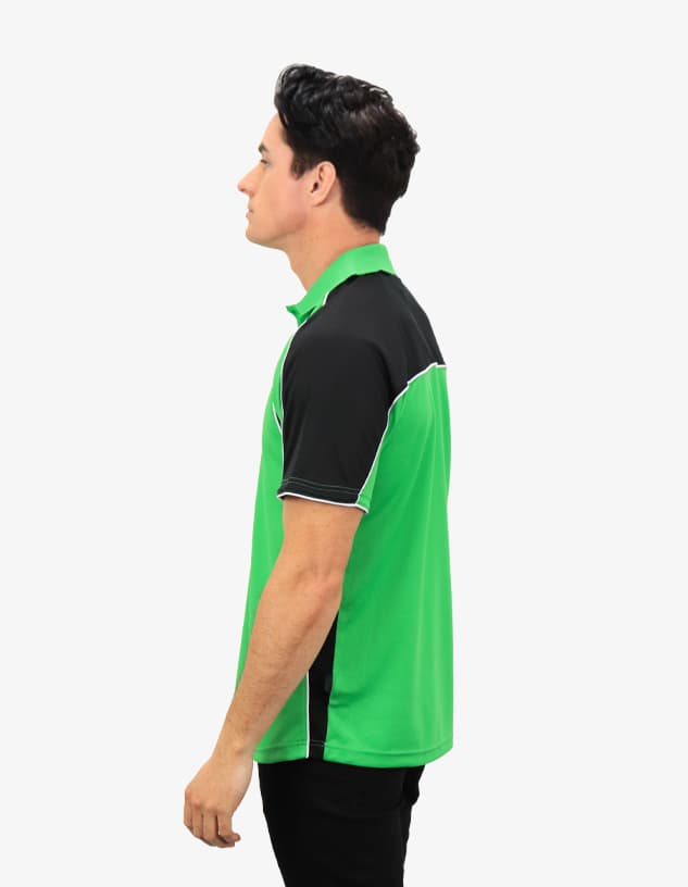 A polo shirt featuring a vibrant green front, black back, and trims, with a logo present on the fabric.
