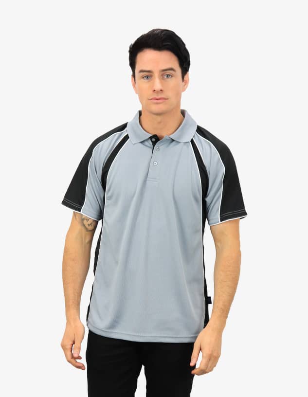 A grey and black polo shirt featuring a logo. The shirt has short sleeves and a classic collar design.
