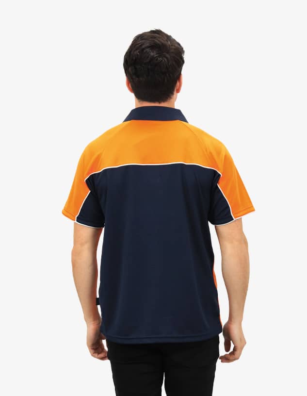 A polo shirt in orange and navy blue, featuring a logo, viewed from the back.