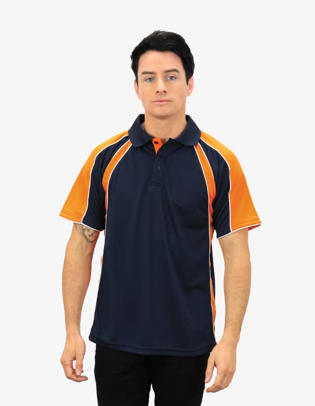 A navy and orange polo shirt with a sporty design and a logo. Suitable for casual or active wear.