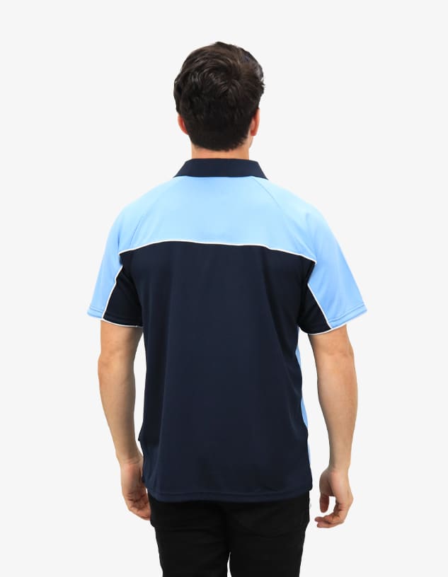 A polo shirt featuring a navy blue base with light blue accents and a logo on the back.