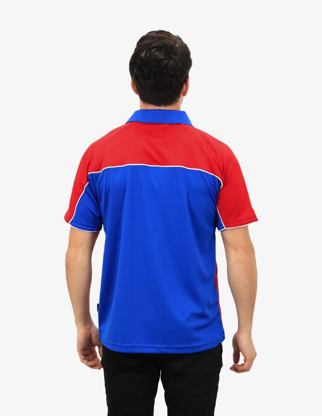 A polo shirt featuring a red and blue colour scheme, with a contrasting design and a logo on the back.