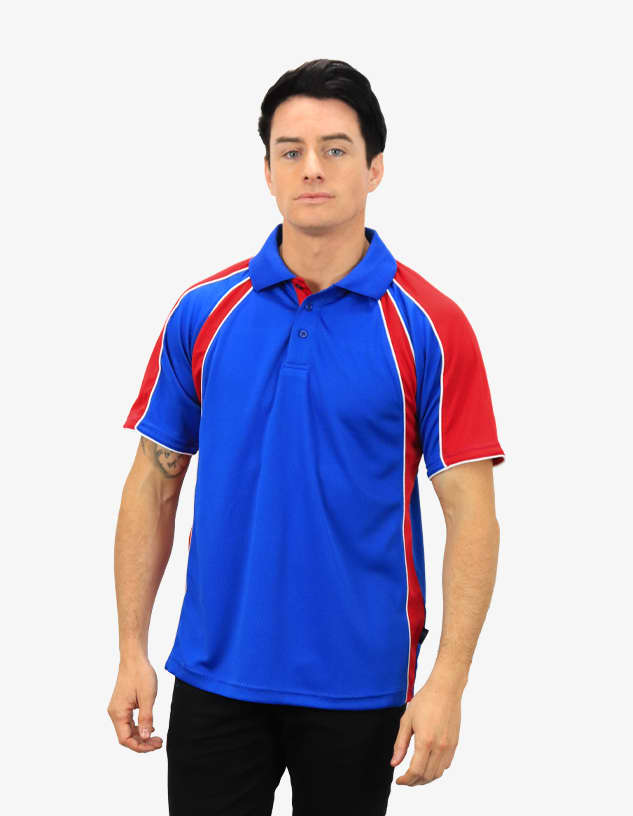 A blue polo shirt with red and white accents, featuring a collar and a logo.