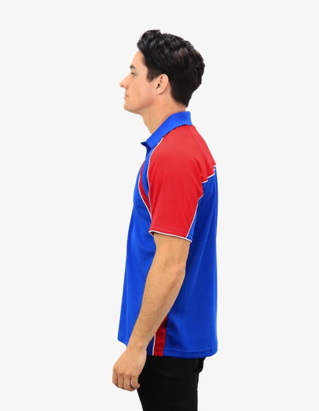 A side view of a polo shirt in blue with red accents and a logo.