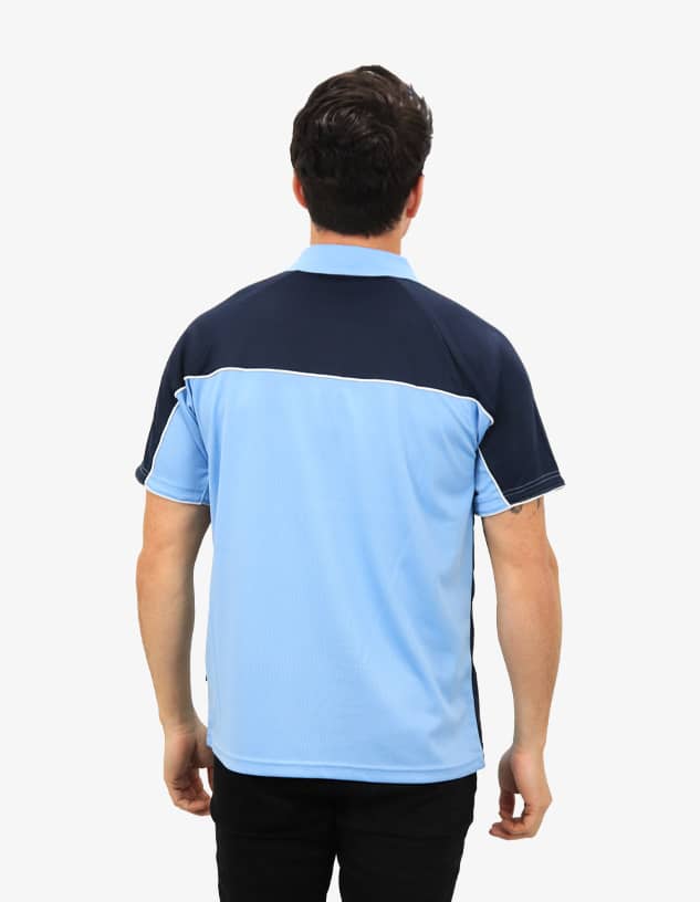 A polo shirt with a light blue body and dark blue detailing on the back, featuring a logo on the left side.